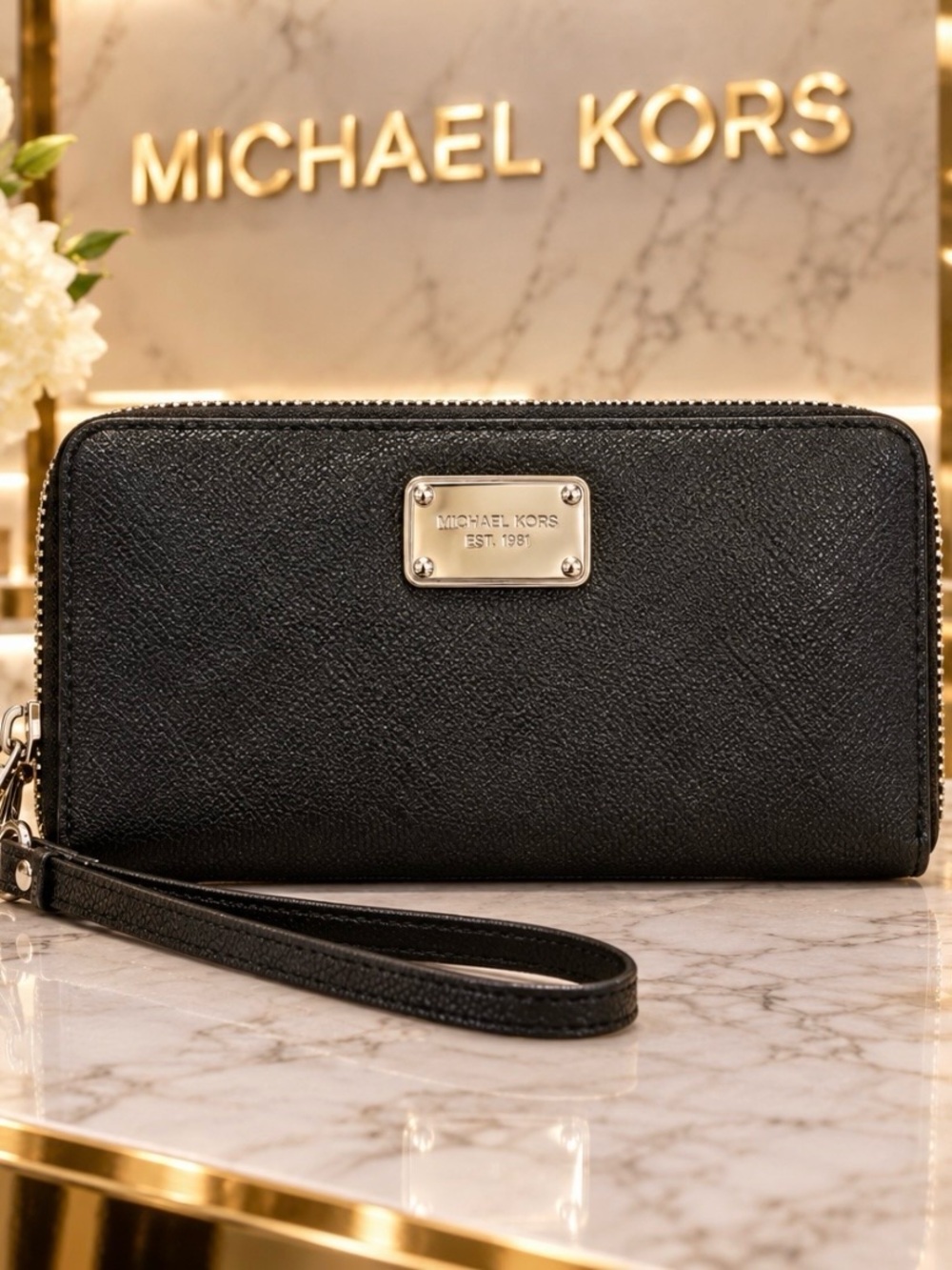 Michael Kors Black Saffiano Leather Zip Around Wallet Wristlet